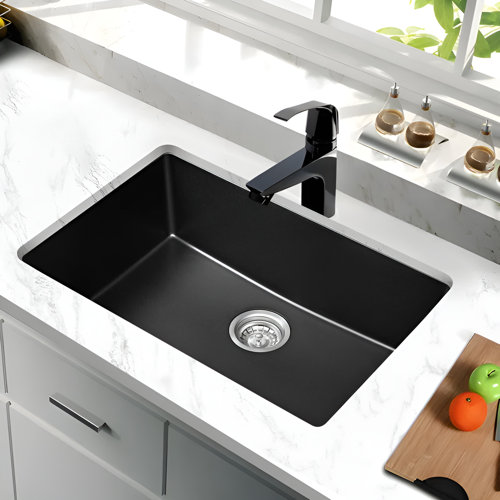 Undermount Black Quartz Rectangular Kitchen Sink With Drainer 